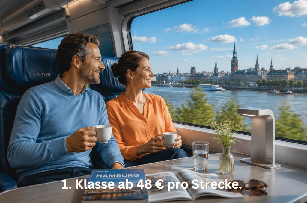 Ein lächelndes Paar sitzt im 1. Klasse-Abteil eines Zuges an einem Tisch mit Kaffee, schaut aus dem Fenster auf eine Stadt am Fluss. Ein lächelndes Paar sitzt im 1. Klasse-Abteil eines Zuges an einem Tisch mit Kaffee, schaut aus dem Fenster auf eine Stadt am Fluss.